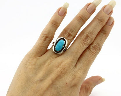 Navajo Ring .925 Silver Blue Gem Turquoise Handmade Native American Artist C80s