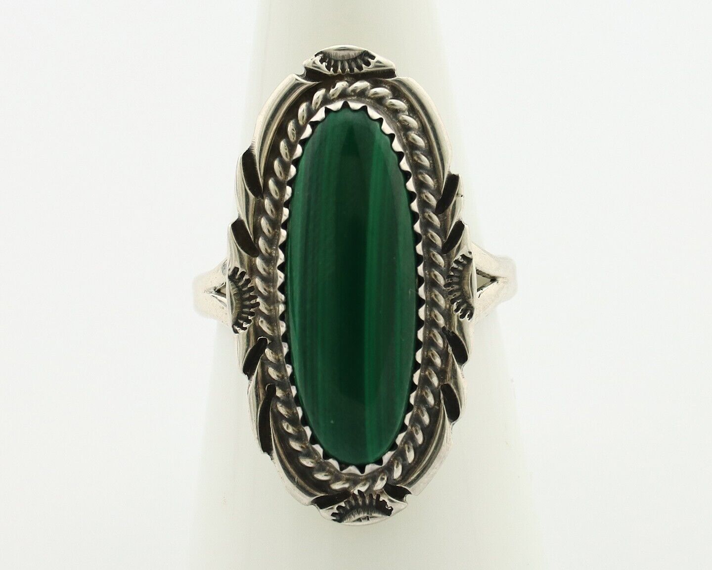 Navajo Ring .925 Silver Malachite Hand Stamped Native American Artist C.80's