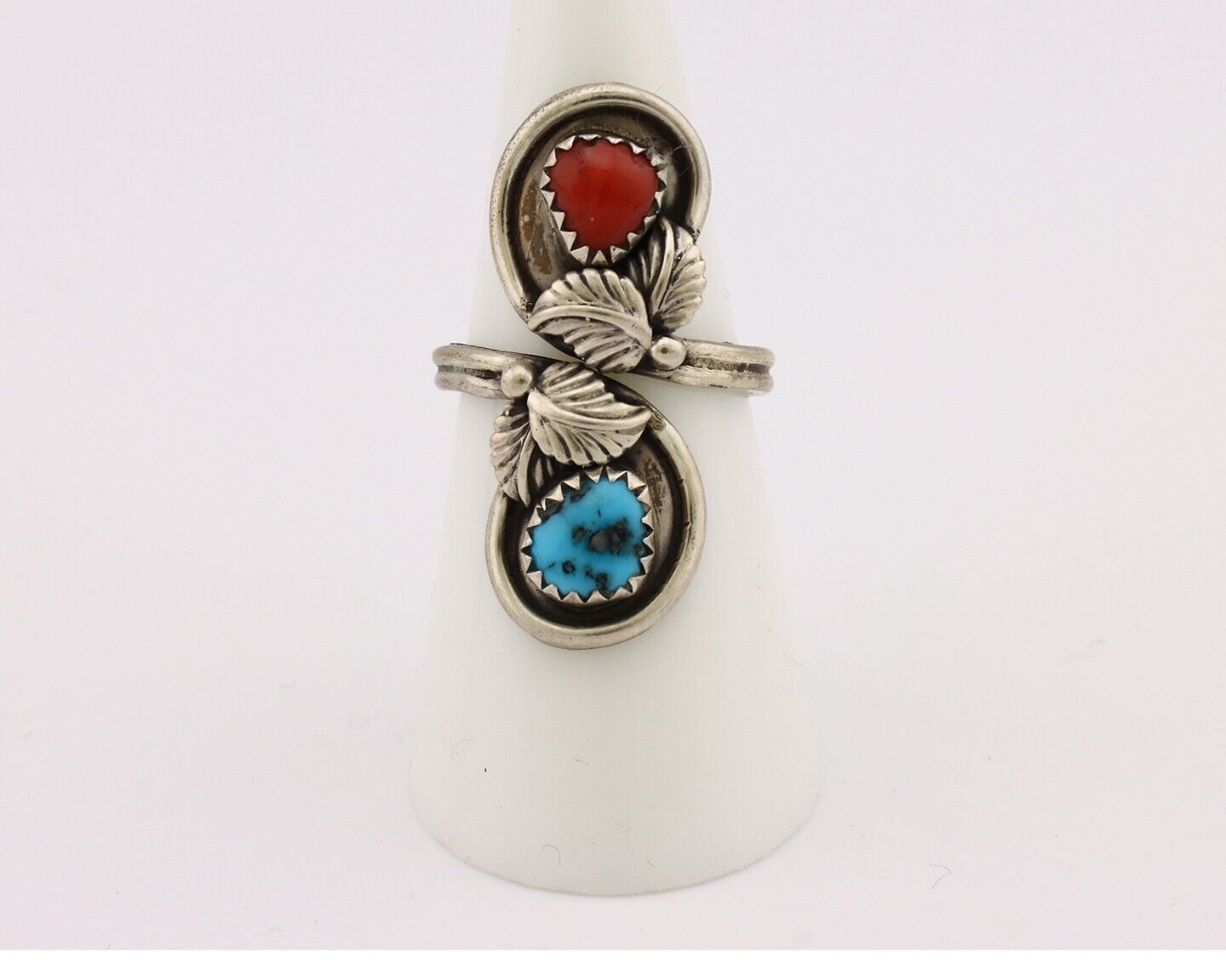 Navajo Ring 925 Silver Blue Turquiose & Mediterranean Coral Native Artist C.80's