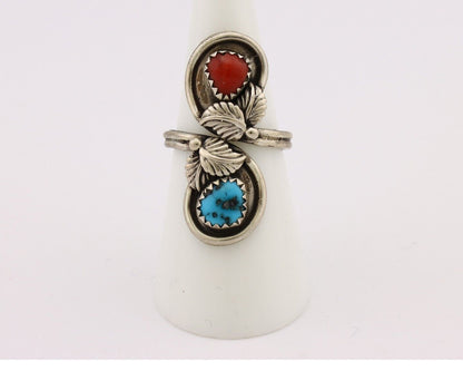 Navajo Ring 925 Silver Blue Turquiose & Mediterranean Coral Native Artist C.80's