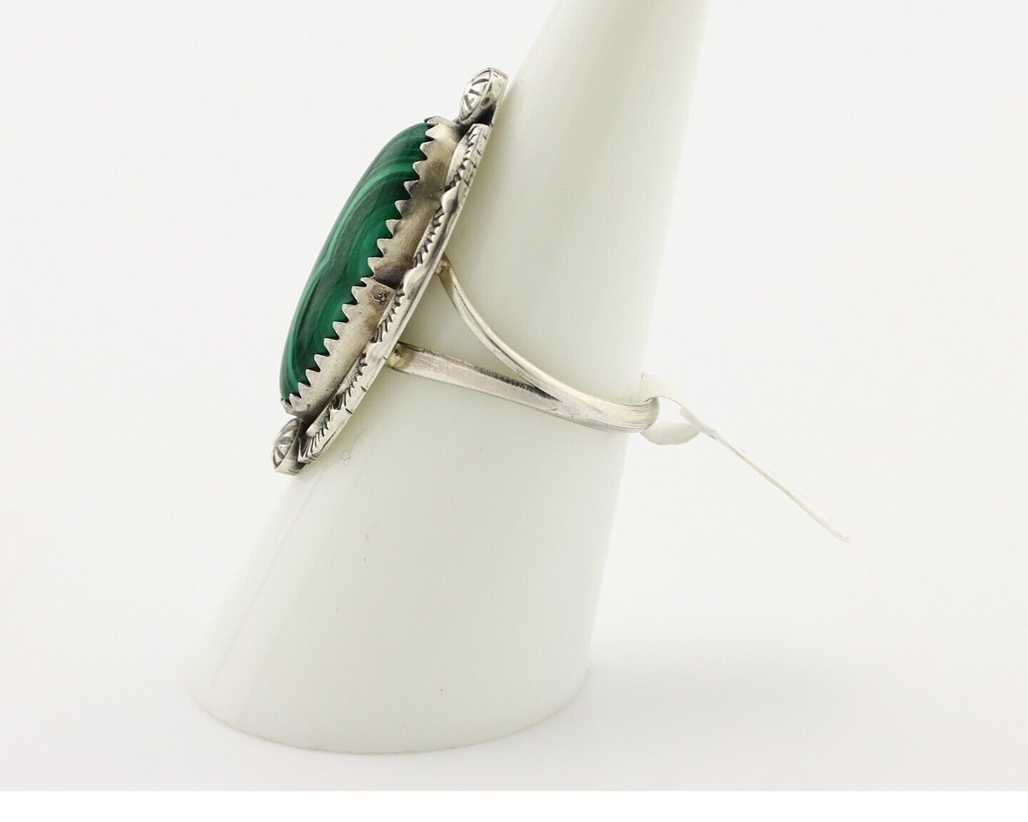 Navajo Ring .925 Silver Malachite Hand Stamped Signed Herman Lee C.80's