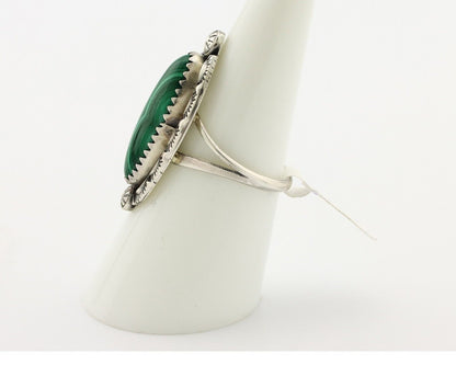 Navajo Ring .925 Silver Malachite Hand Stamped Signed Herman Lee C.80's