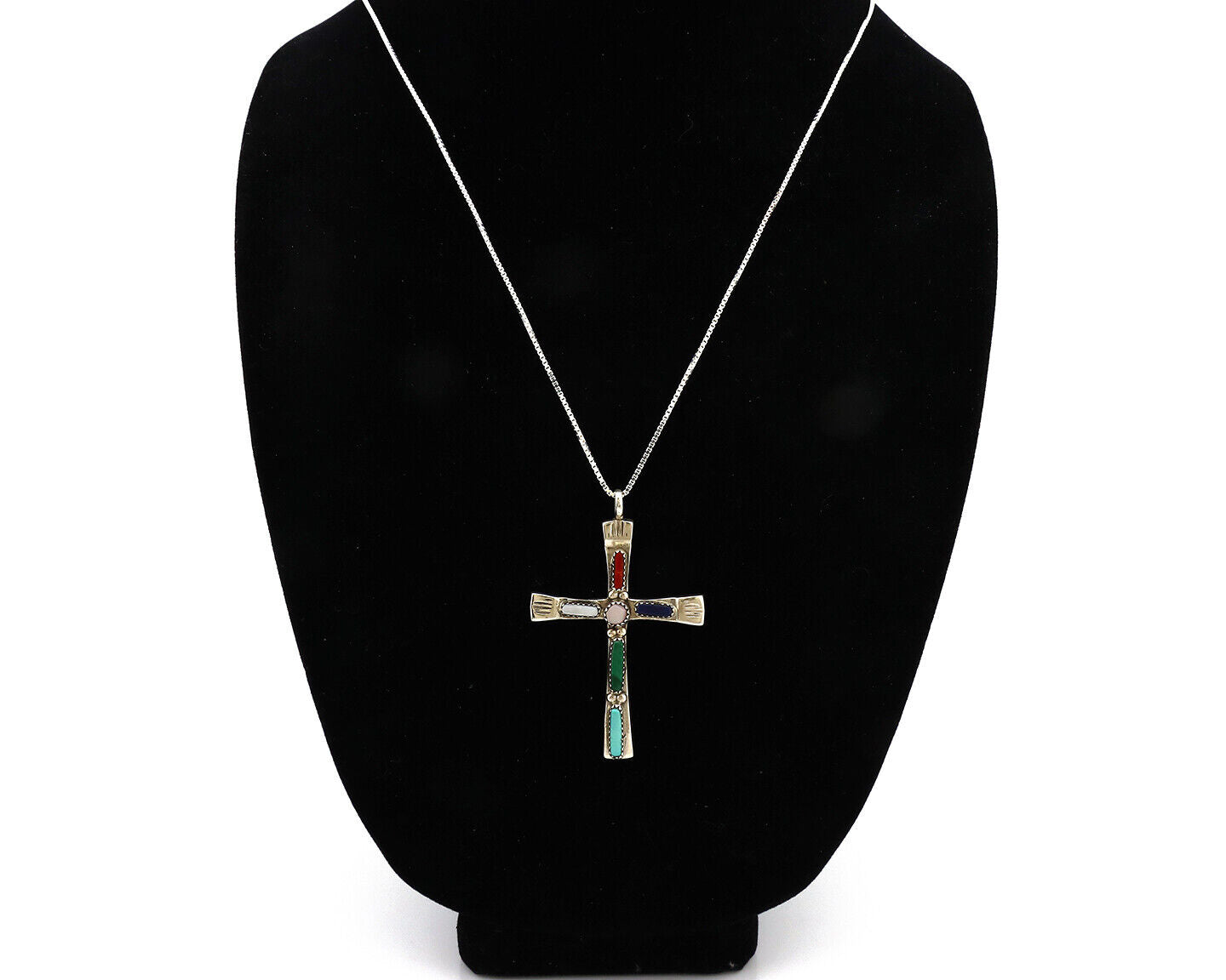 Zuni Handmade Cross Necklace 925 Silver Natural Gemstone Signed C. IULE C.80's