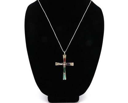 Zuni Handmade Cross Necklace 925 Silver Natural Gemstone Signed C. IULE C.80's