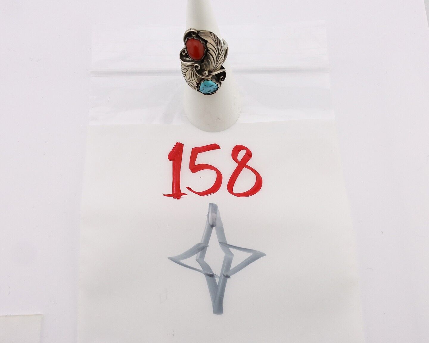 Navajo Handmade Ring 925 Silver Turquiose & Coral Artist Signed E C.80's