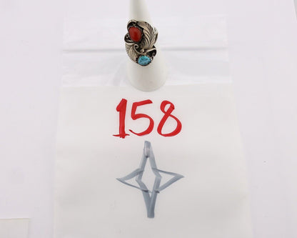 Navajo Handmade Ring 925 Silver Turquiose & Coral Artist Signed E C.80's
