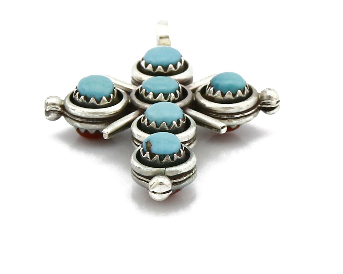 Zuni Natural Turquoise and Coral Reversible 925 Silver Handmade Pendant