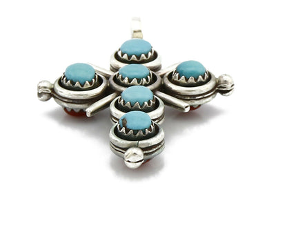 Zuni Natural Turquoise and Coral Reversible 925 Silver Handmade Pendant