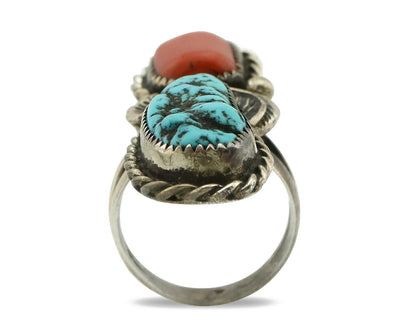 Navajo Ring .925 Silver Turquoise & Coral Native American Artist C.1980's