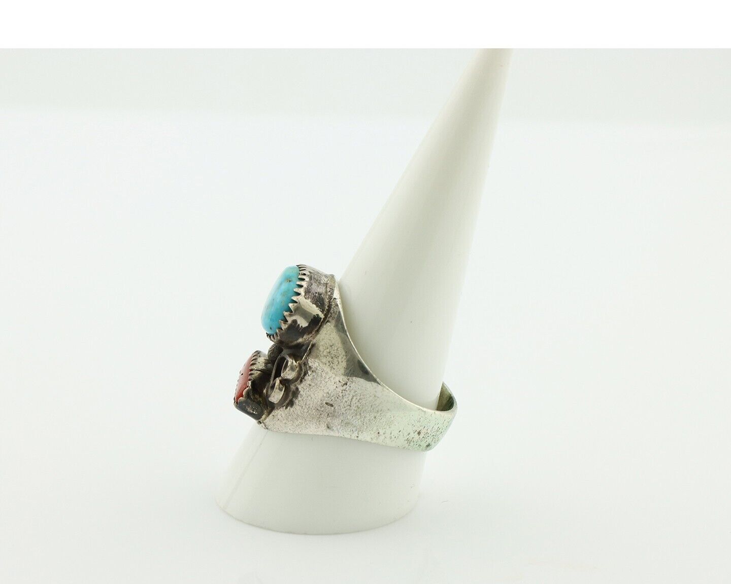 Navajo Ring 925 Silver Blue Turquiose & Mediterranean Coral Native Artist C.80's