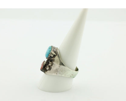 Navajo Ring 925 Silver Blue Turquiose & Mediterranean Coral Native Artist C.80's