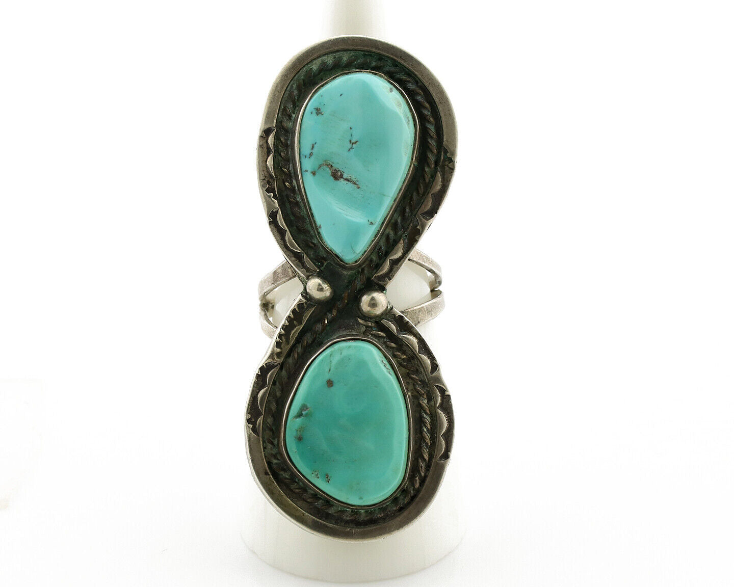 Navajo Ring .925 Silver Globe Turquoise Hand Stamped Native American Artist C80s