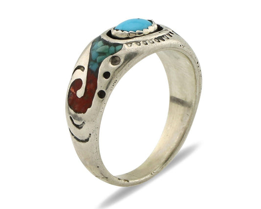 Navajo Handmade Ring 925 Silver Blue Turquoise & Coral Native American C.80's