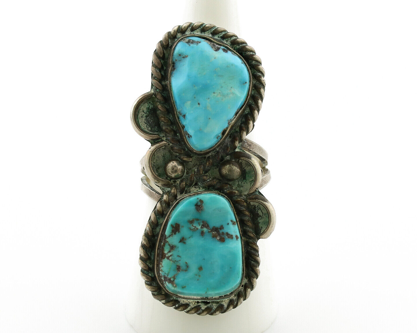 Navajo Ring .925 Silver Globe Turquoise Hand Stamped Native American Artist C80s