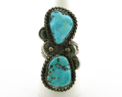 Navajo Ring .925 Silver Globe Turquoise Hand Stamped Native American Artist C80s