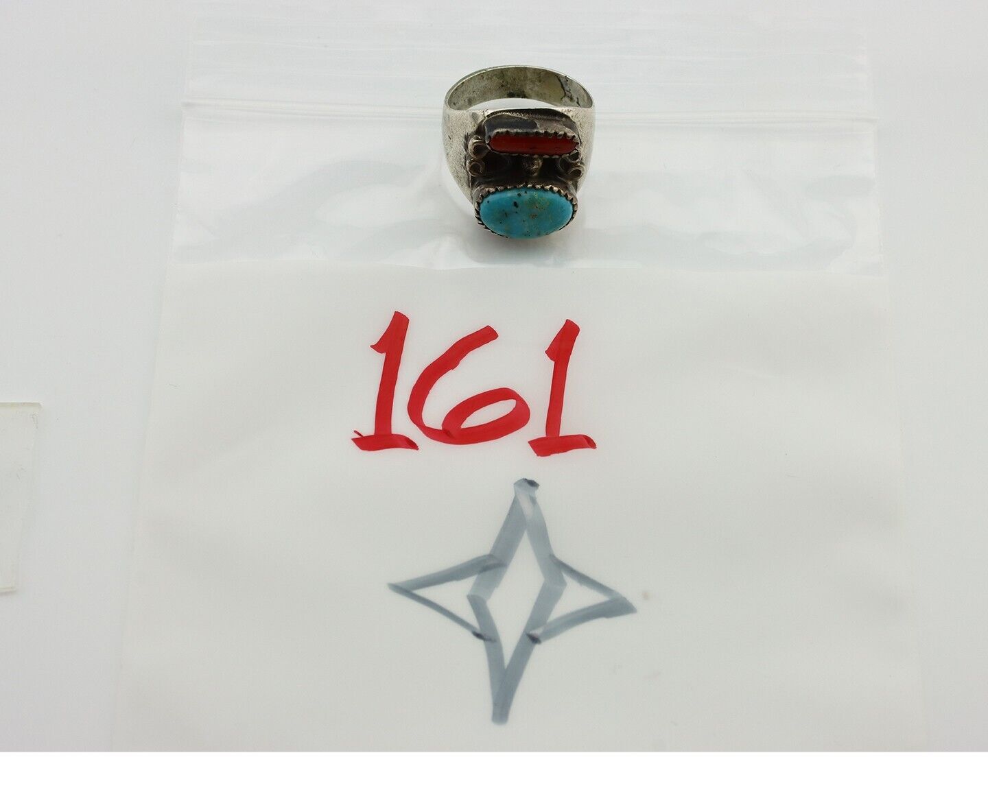 Navajo Ring 925 Silver Blue Turquiose & Mediterranean Coral Native Artist C.80's