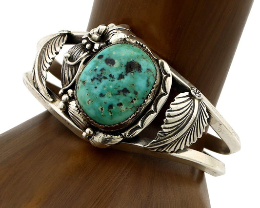 Navajo Cuff Bracelet 925 Silver Natural Blue Turquoise Artist Signed Tom Willeto