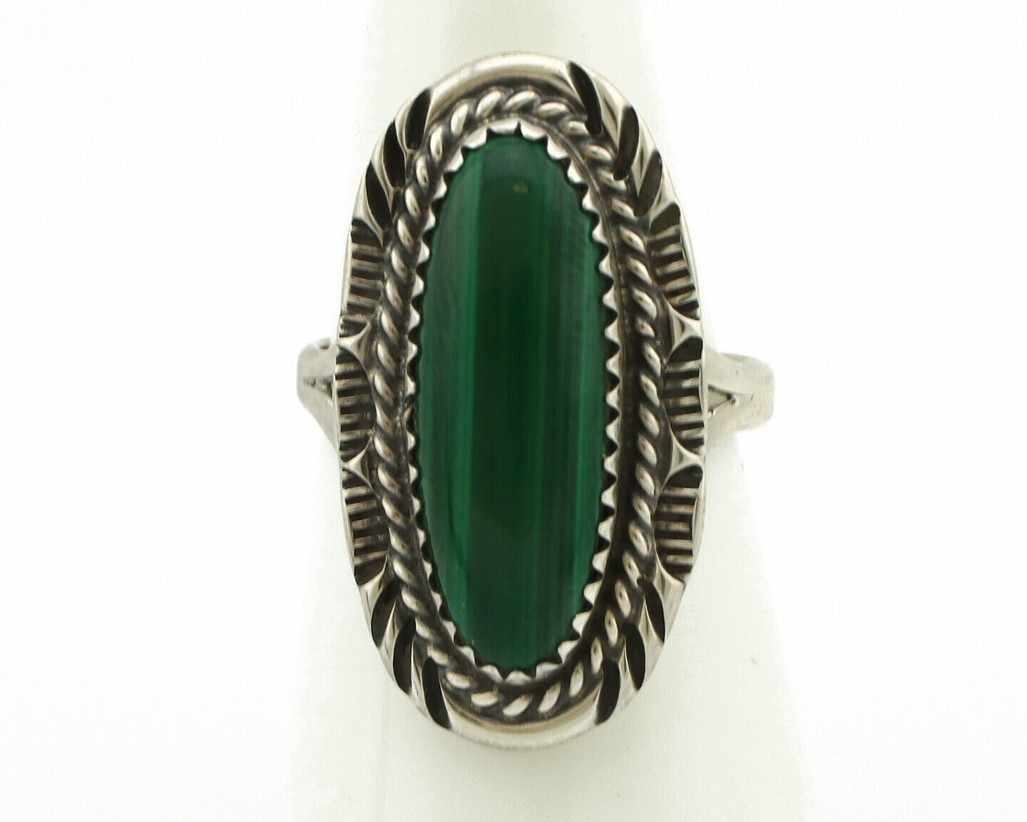Navajo Ring 925 Silver Natural Green Malachite Signed Justin Morris C.80's