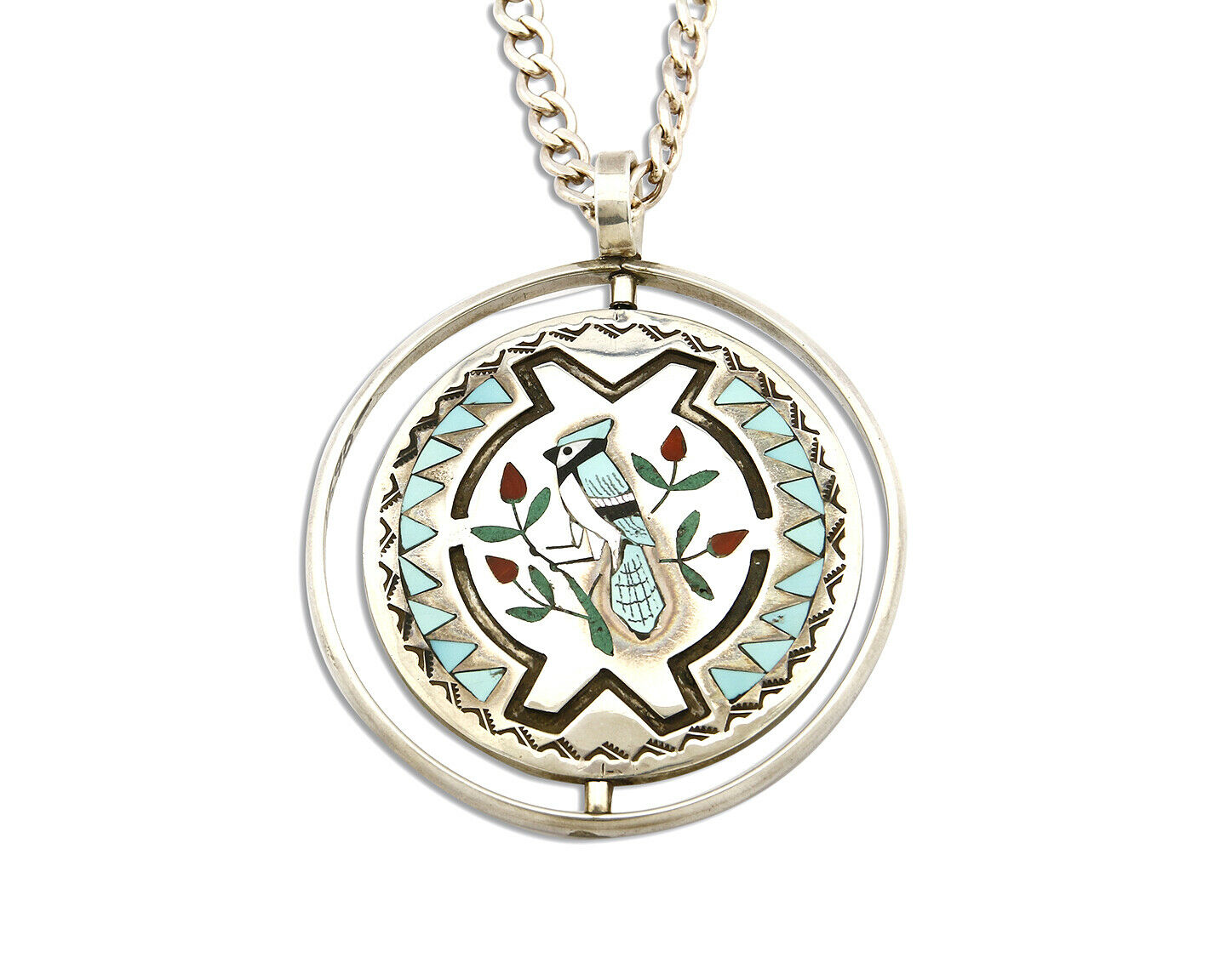 Zuni Bird Spinner Necklace .925 Silver Inlaid Signed Ghahate
