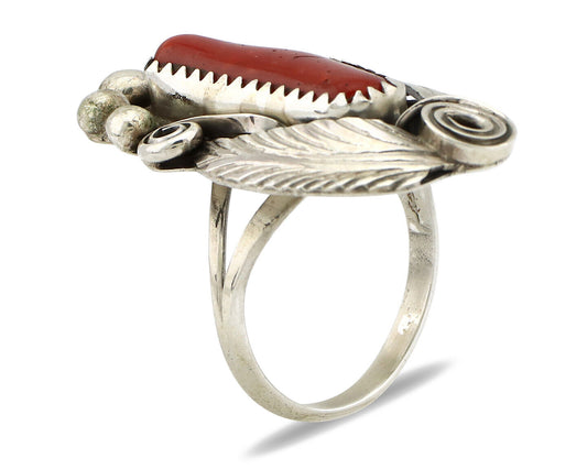 Navajo Ring 925 Silver Mediterranean Coral Artist Signed Justin Morris C.80's