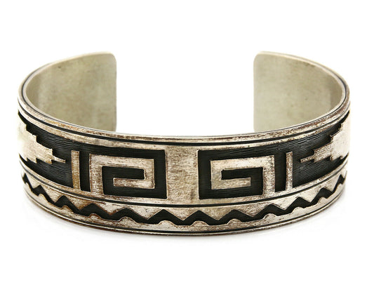 Hopi Bracelet .925 Silver Hand Stamped Overlay Signed RY C.80's