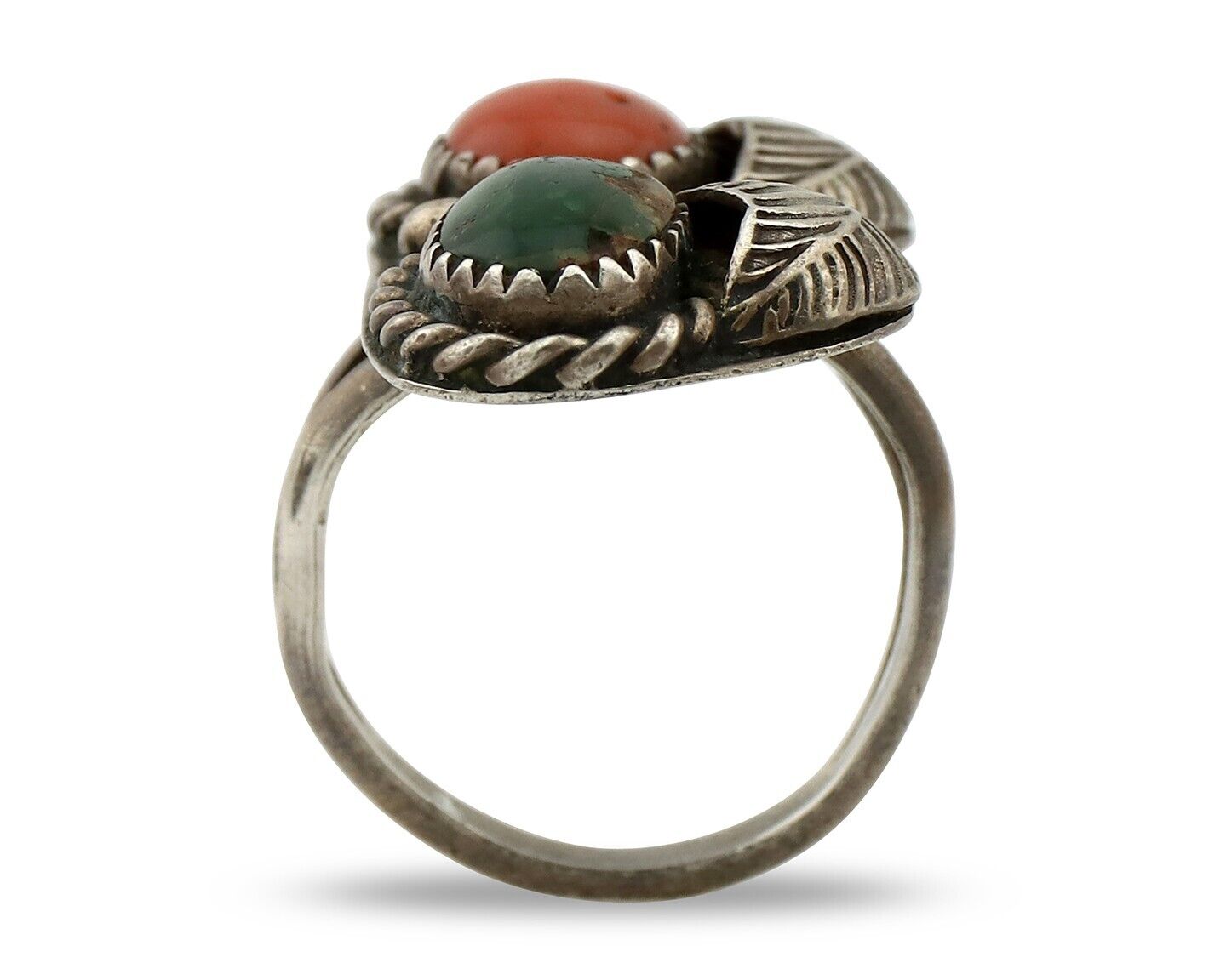 Navajo Ring 925 Silver Green Turquiose & Mediterranean Coral Native Artist C80s