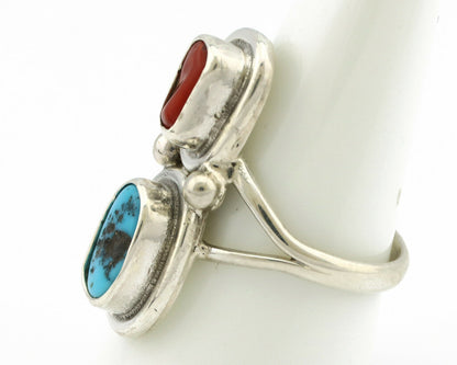 Navajo Ring .925 Silver Blue Turquoise & Red Coral Native American Artist C.80's