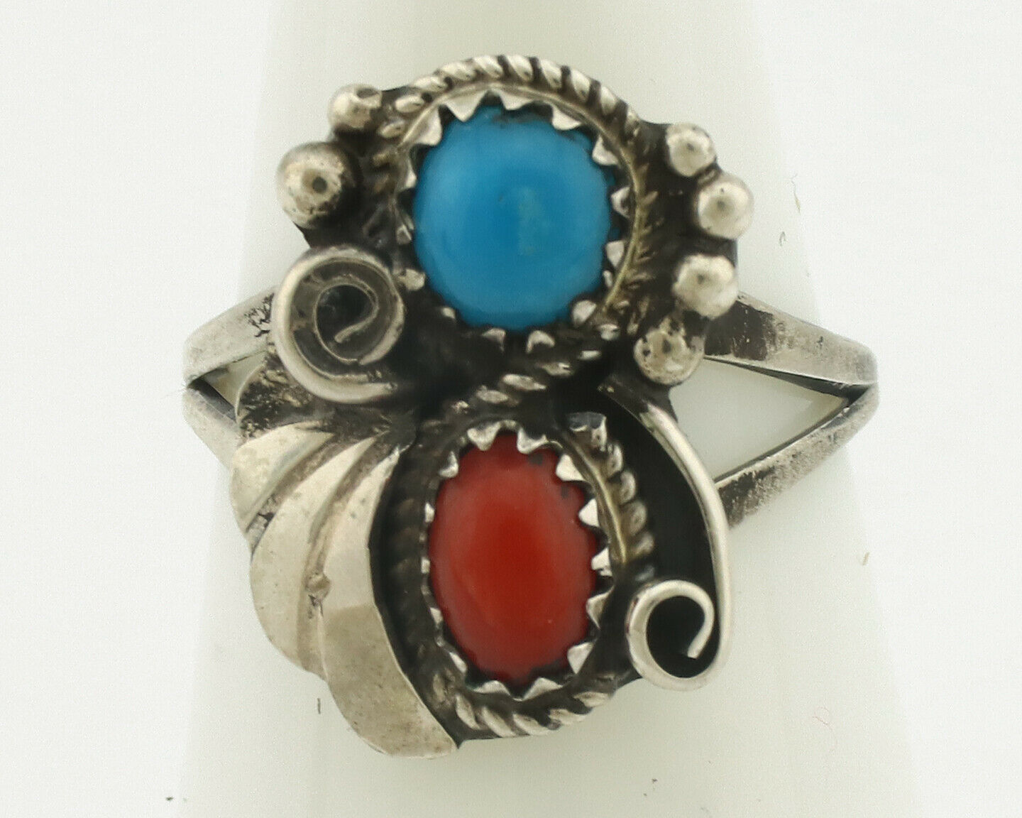 Navajo Ring .925 Silver Morenci Turquoise & Red Stone Native Artist Signed JM C.80's