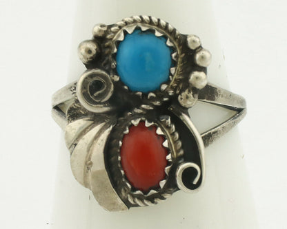 Navajo Ring .925 Silver Morenci Turquoise & Red Stone Native Artist Signed JM C.80's