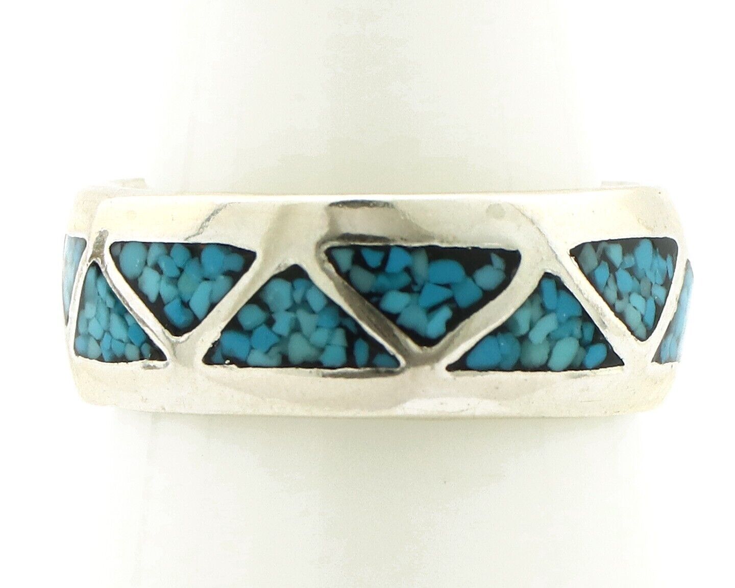 Navajo Chip Inlay Ring 925 Silver Sleeping Beauty Turquoise Artist Silver Cloud