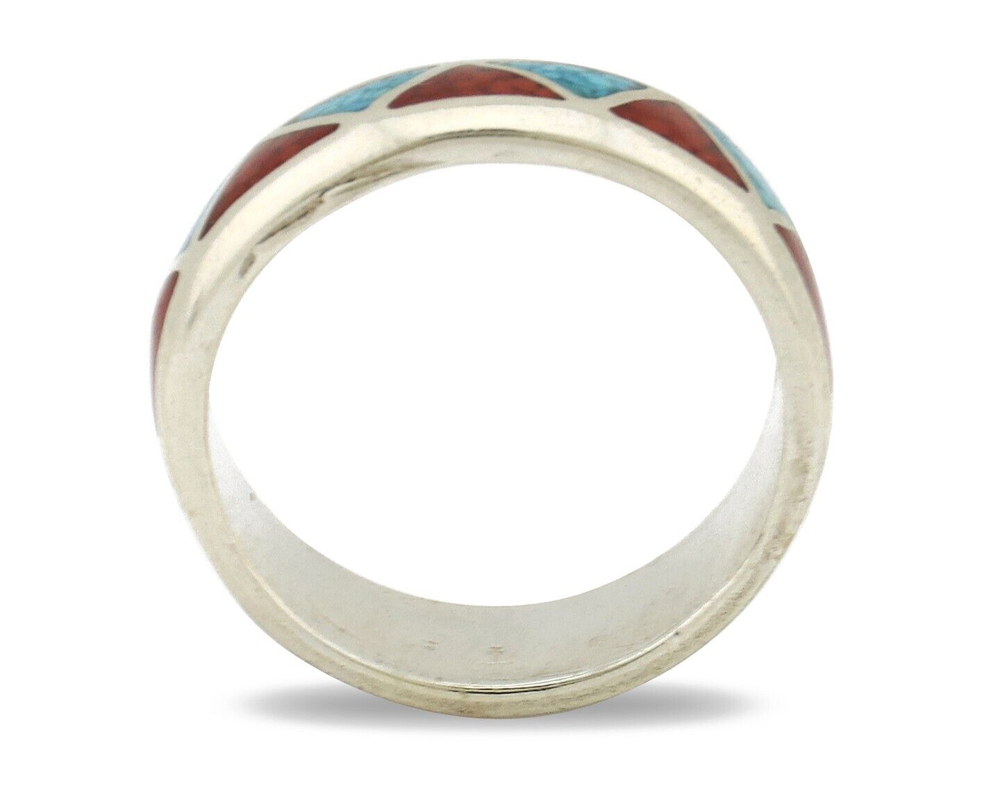 Navajo Chip Inlay Ring 925 Silver Sleeping Beauty Turquoise & Coral Silver Cloud