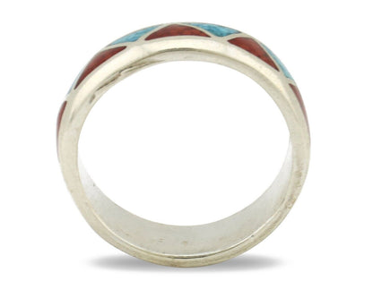 Navajo Chip Inlay Ring 925 Silver Sleeping Beauty Turquoise & Coral Silver Cloud