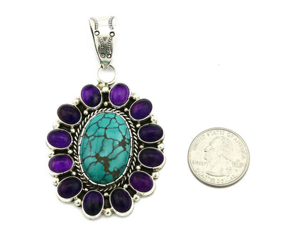 Navajo Pendant .925 Silver Natural Turquoise & Amethyst Signed Artist BP C.80's
