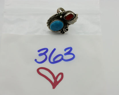 Navajo Ring 925 Silver Turquoise & Coral Artist Signed Native American C.80s