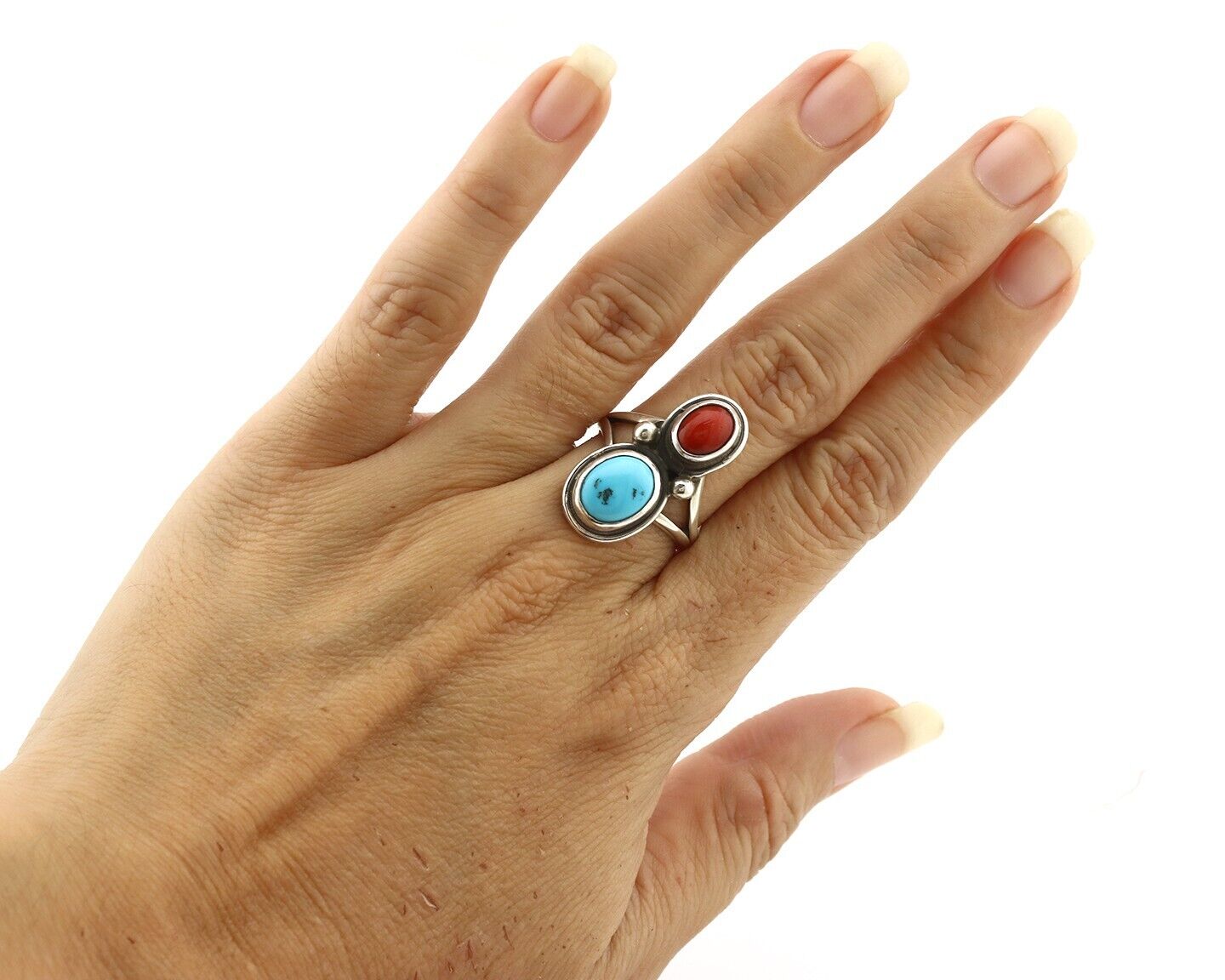 Navajo Inlay Band Ring 925 Silver Turquoise & Coral Native Artist C.80's