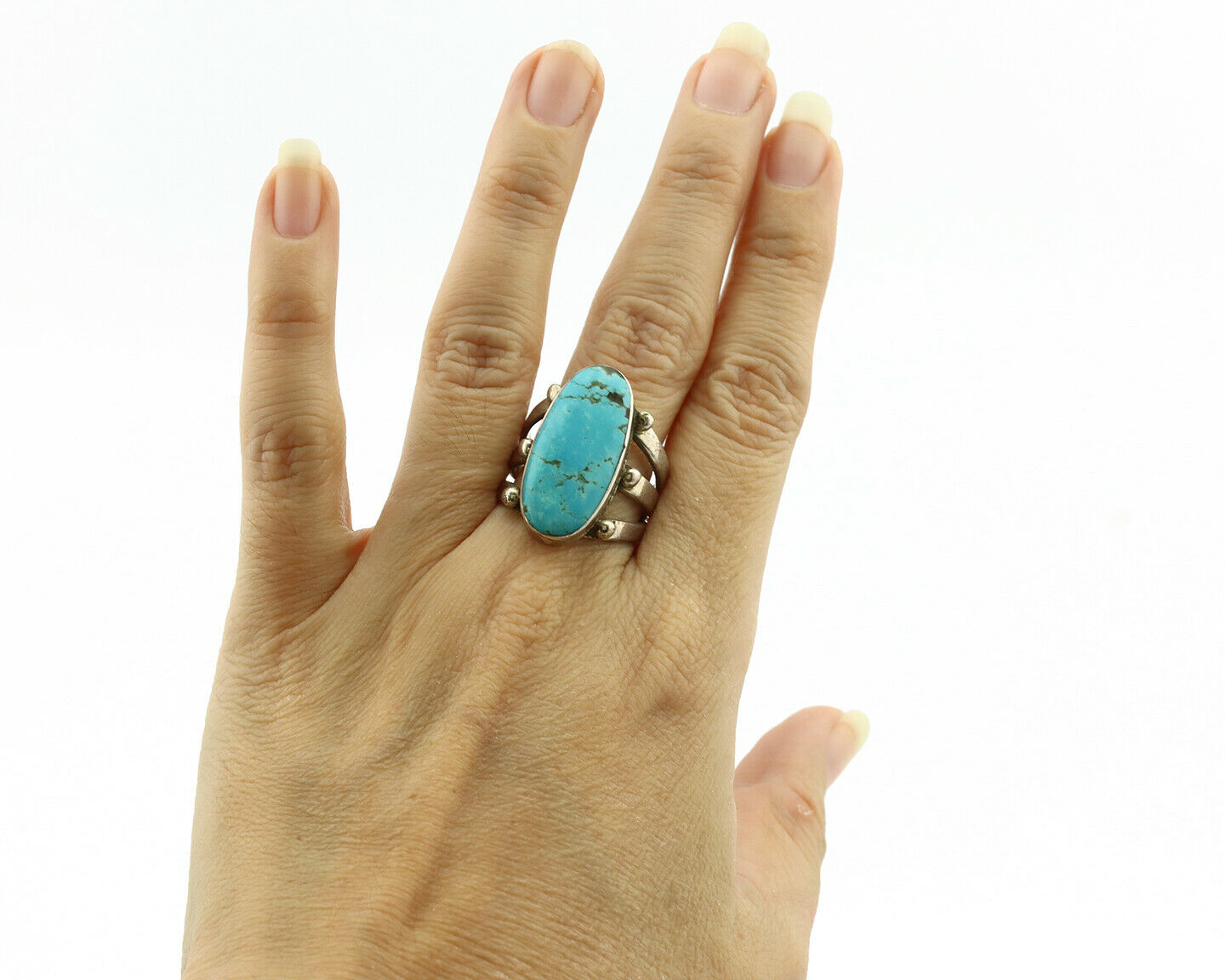 Navajo Ring .925 Silver Blue Turquoise Artist Signed LY C.1980's