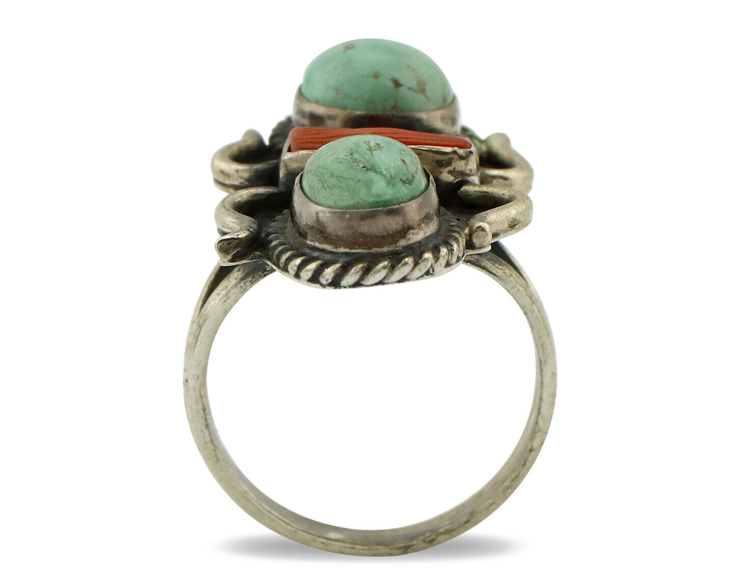 Navajo Ring 925 Silver Coral & Globe Turquoise Native American Artist C.80's