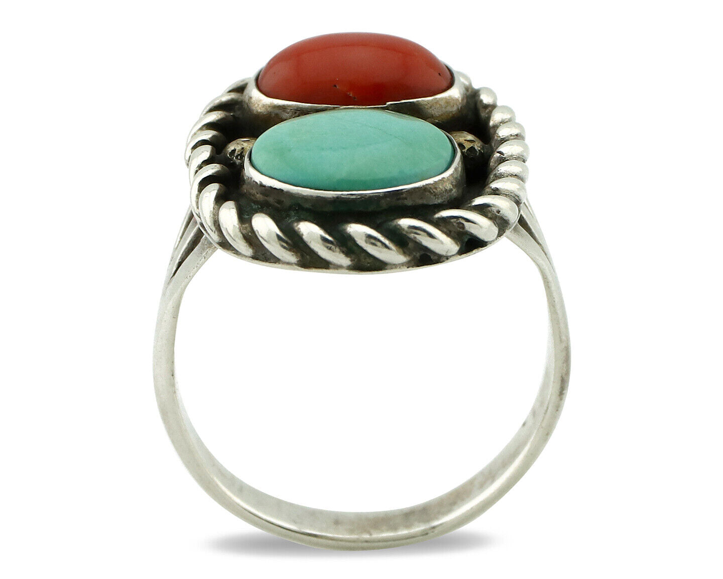 Navajo Ring 925 Silver Coral & Globe Turquoise Native American Artist C.1970's