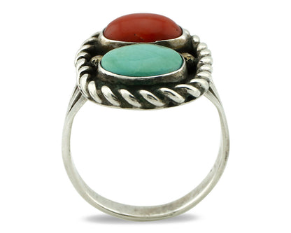 Navajo Ring 925 Silver Coral & Globe Turquoise Native American Artist C.1970's