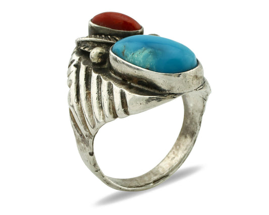 Navajo Ring 925 Silver Coral & Easter Blue Turquoise Native Artist C.1980's