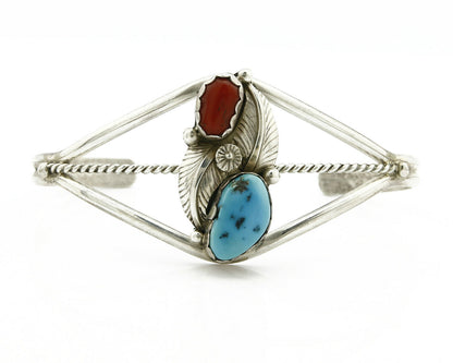 Navajo Bracelet .925 Silver Turquoise & Red Coral Cuff Signed Paul J Circa 1980s