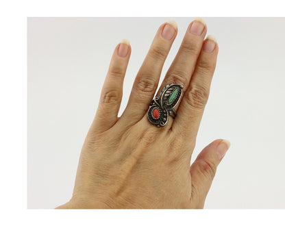 Navajo Handmade Ring 925 Silver Turquiose & Coral Native American Artist C.80's