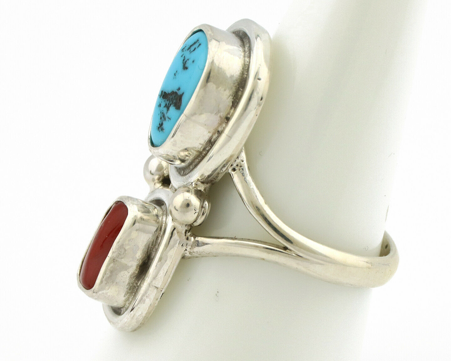 Navajo Ring .925 Silver Blue Turquoise & Red Coral Native American Artist C.80's