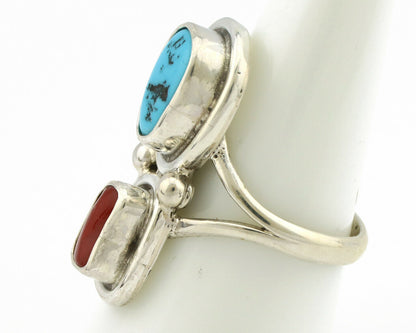 Navajo Ring .925 Silver Blue Turquoise & Red Coral Native American Artist C.80's