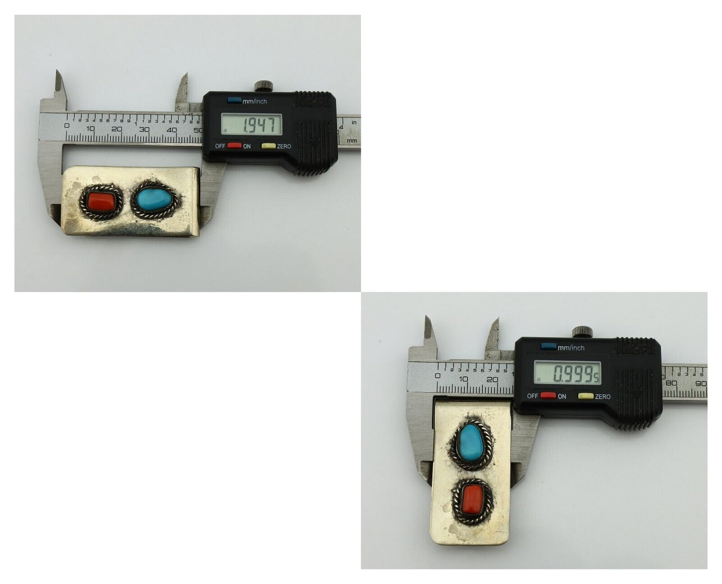 Navajo Money Clip 925 Silver & 999 Nickel Natural Turquoise & Coral Artist C80