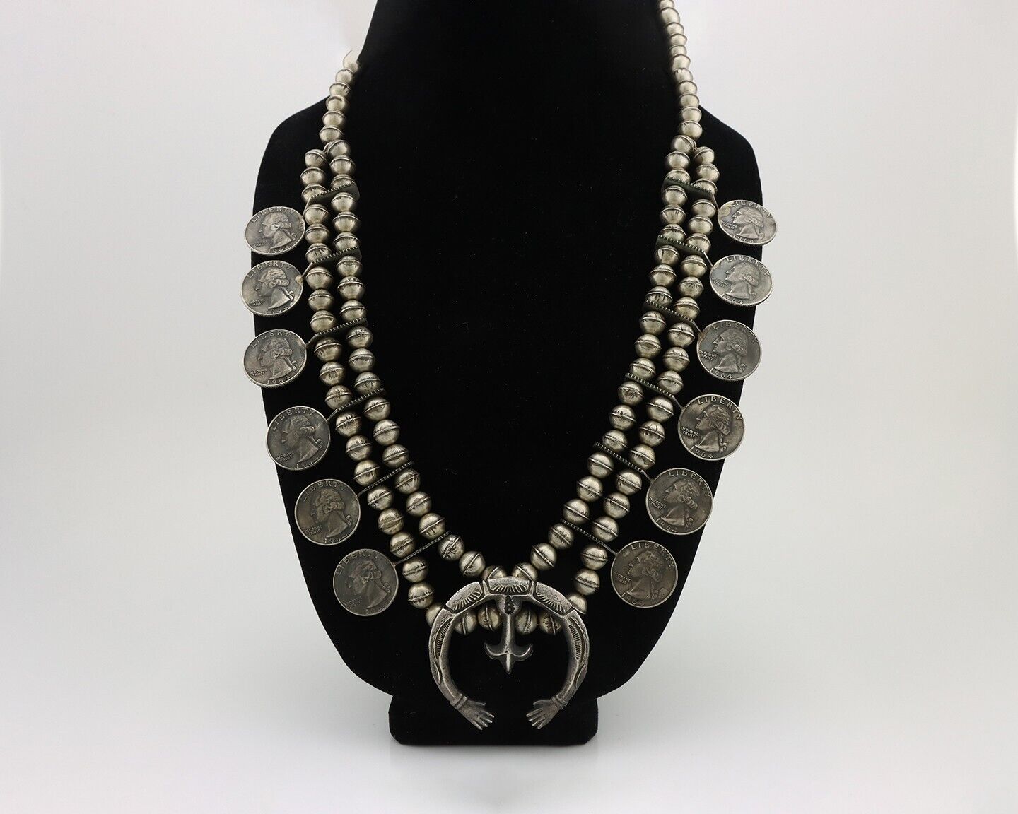 Navajo Coin Squash Necklace 925 Silver Hand Stamped Naja Handmade Beads C.80's