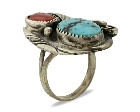 Navajo Ring 925 Silver Turquoise & Coral Artist Signed Native American C.80s
