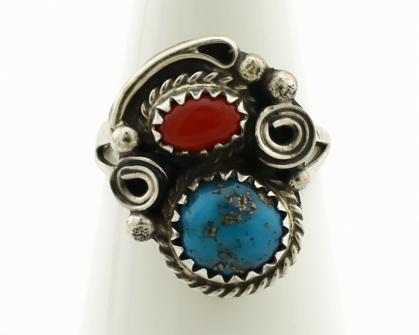 Navajo Ring .925 Silver Morenci Turquoise & Coral Native Artist Signed JM C.80's