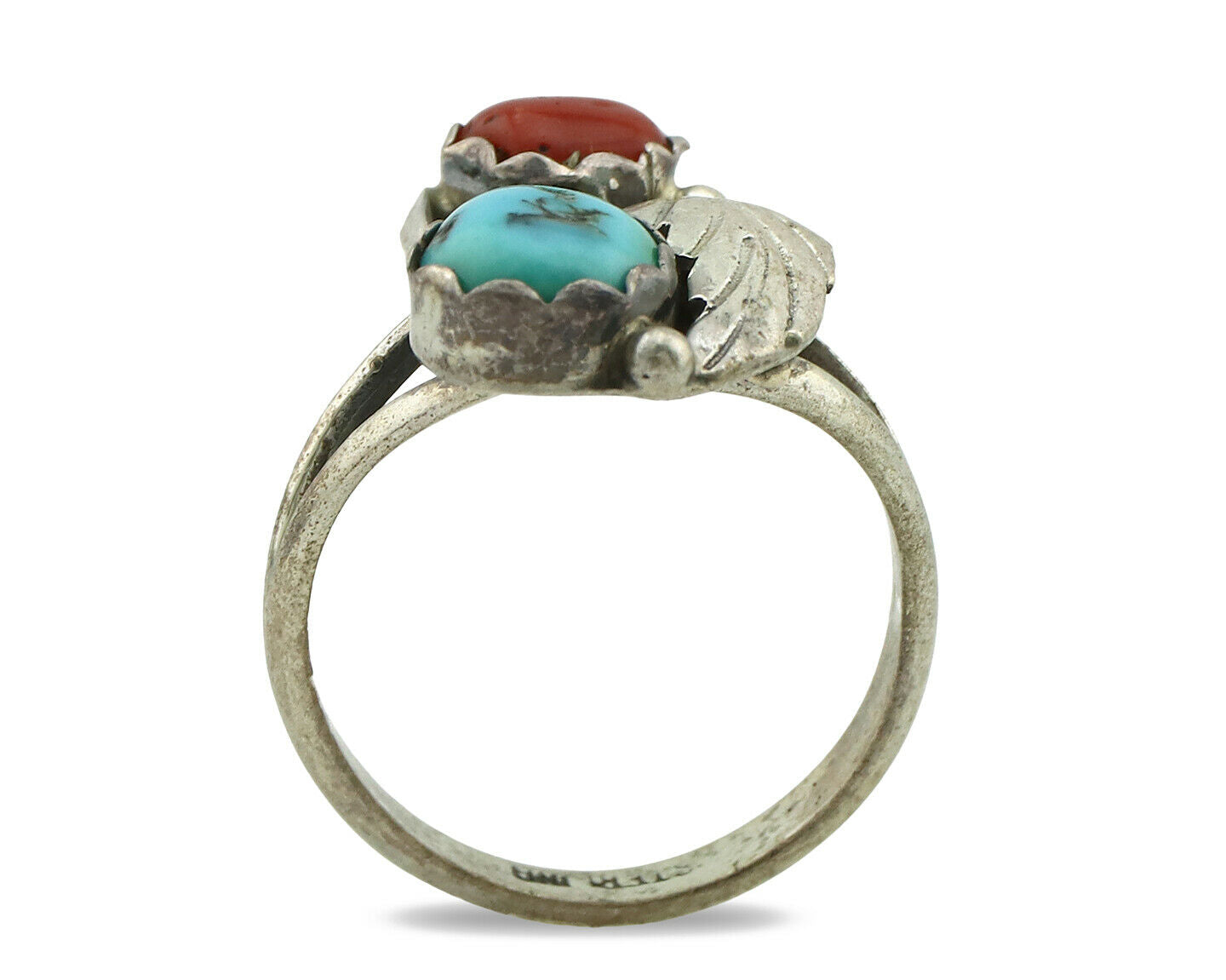 Navajo Ring .925 Silver Turquoise & Coral Native American Artist C.1980's