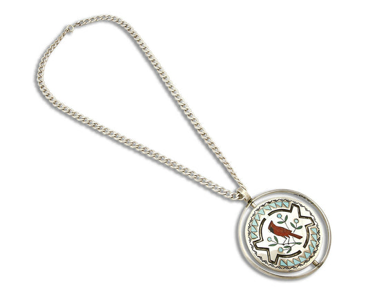 Zuni Bird Spinner Necklace .925 Silver Inlaid Signed Ghahate